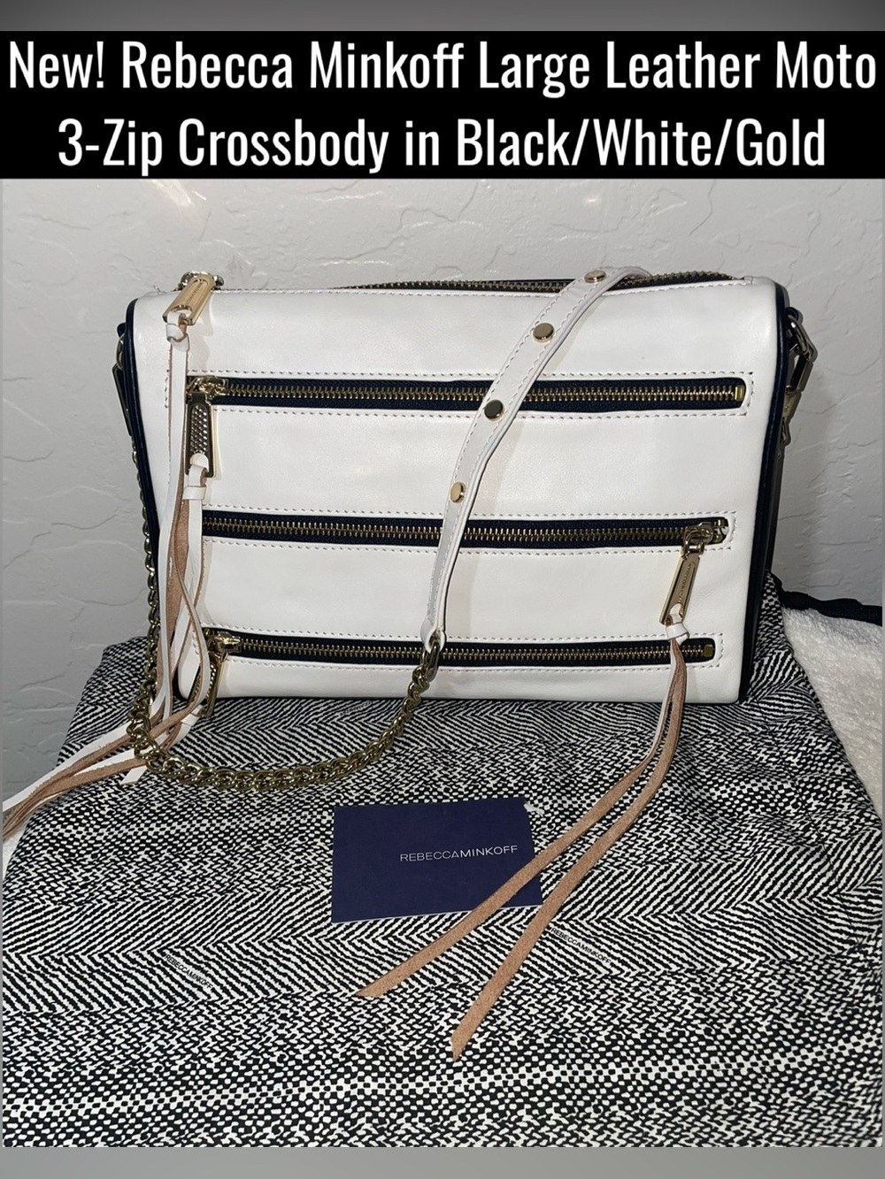 New! Rebecca Minkoff Large Leather Moto 3-Zip Crossbody in Black/White/Gold